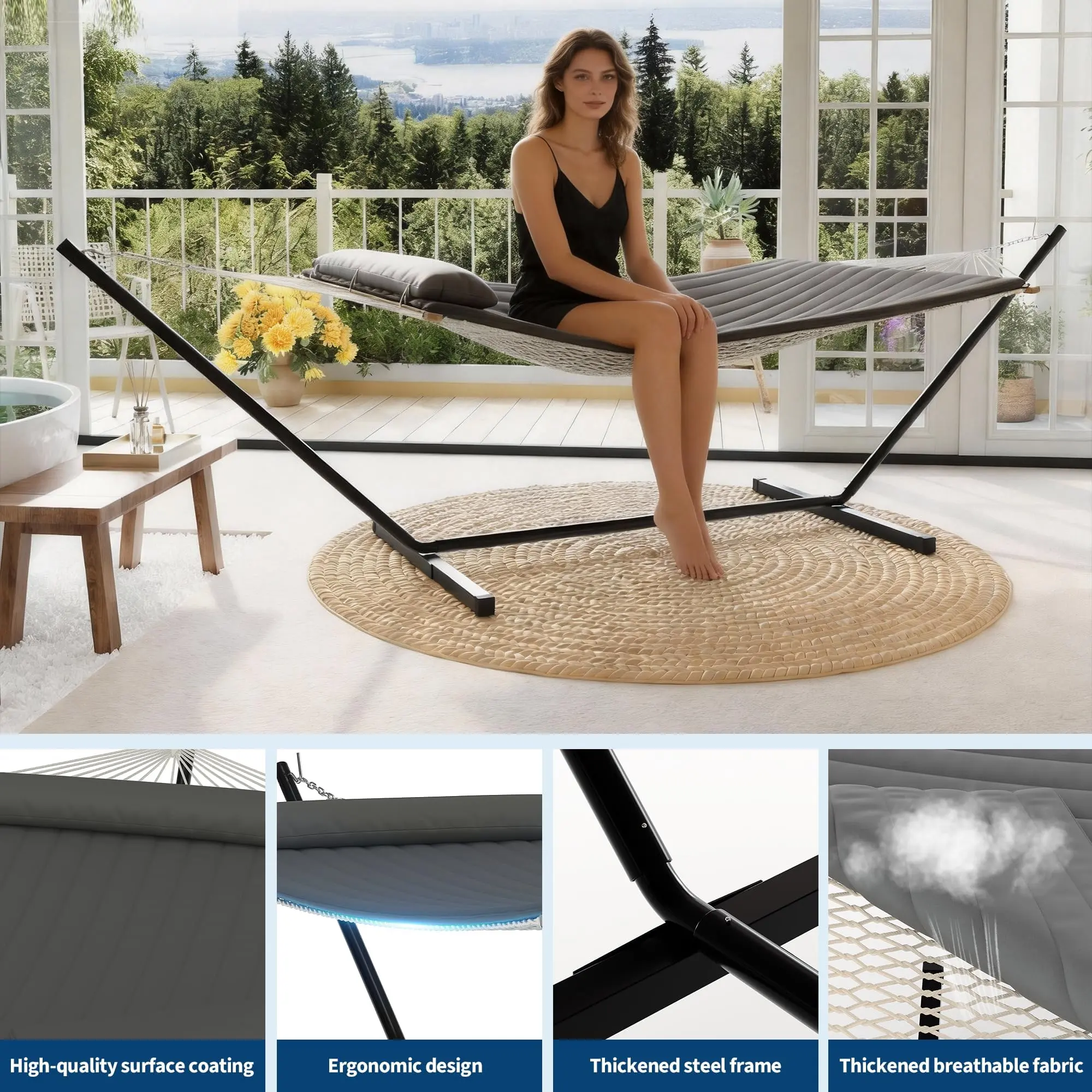 Double Hammock with Stand Included - 475lbs Heavy Duty 2 Person Hammock with Quilted Fabric Pad & Pillow - Hardwood Spreader Bar & 12FT Portable Steel Stand for Backyard, Patio, Indoor