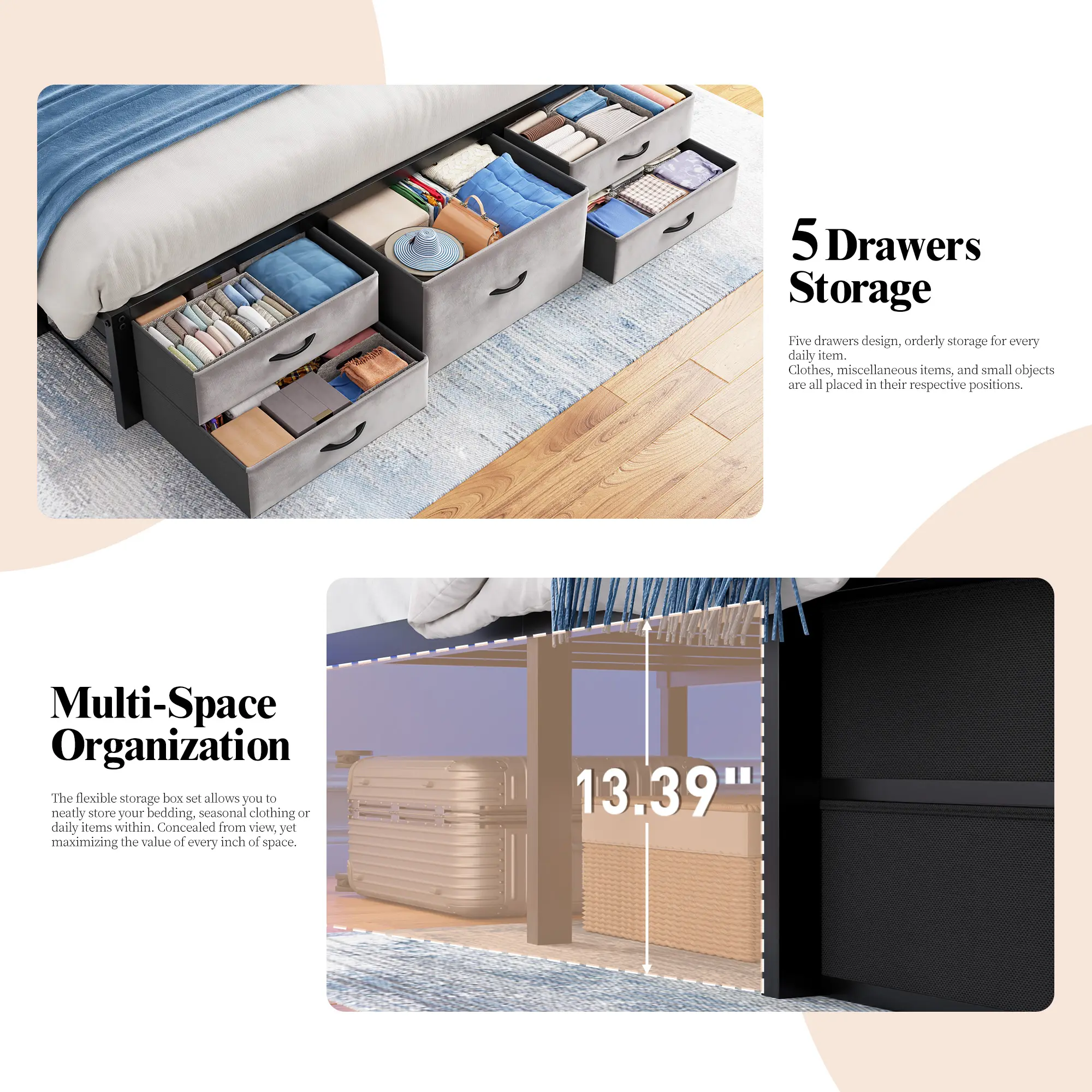 Estructura de cama moderna de metal tapizado (apta para camas King/Queen/Full) con 5 cajones de almacenamiento de tela; el cabecero integra una estación de carga y estantes con tira de luz LED; altura libre de 34 cm debajo de la cama, ideal para apartamen