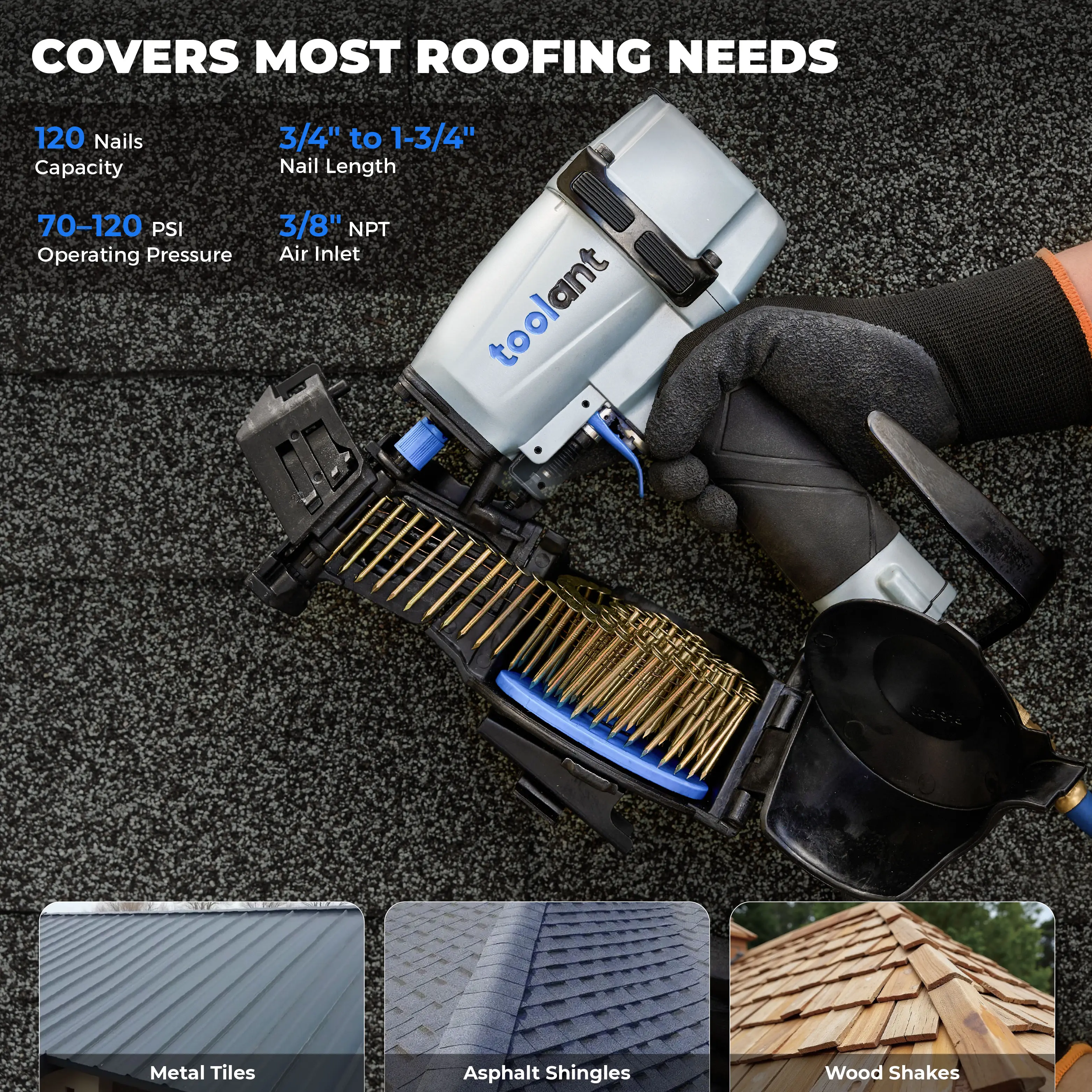 toolant Roofing Nailer, Pistolas para roofing, Pneumatic Nail Gun for 3/4" to 1-3/4" Nails, 120 Coil Capacity, 70-120 PSI, 15 Degree, Heavy Duty Roofing Tool for Asphalt Roofing Shingles, Fencing, and Wood Siding