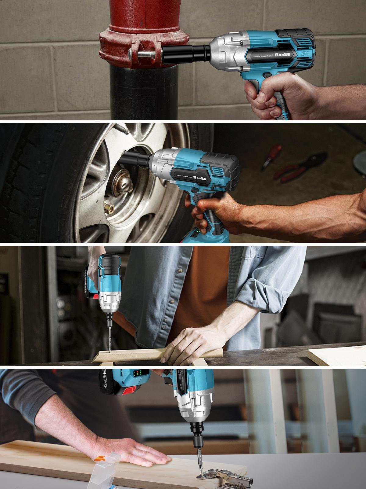 Seesii 3 in 1 Cordless Impact Wrench 1/2'',3300RPM,Brushless Impact Driver w/ 2x 4.0Ah Batteries,6 Sockets,Drills,6 Screws,Power Tool Heavy Duty