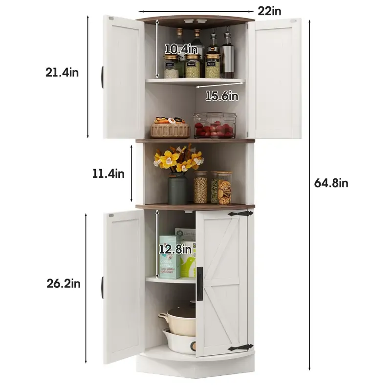 Armario esquinero de madera estilo granja (64,8" de altura): 4 puertas, 5 estantes de almacenamiento, puerta tipo granero, diseño en ángulo recto de 90°, anclaje de pared antivuelco, 22" (ancho) x 15,6" (profundidad) x 64,8" (altura); mueble que ahorra es