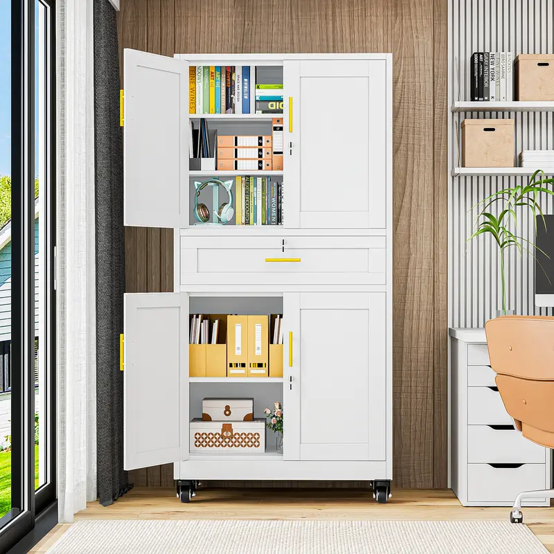 75" Lockable Metal Storage Cabinet with Wheels, Rolling Tool Organizer with Shelves & Drawer for Multi-Scene Use