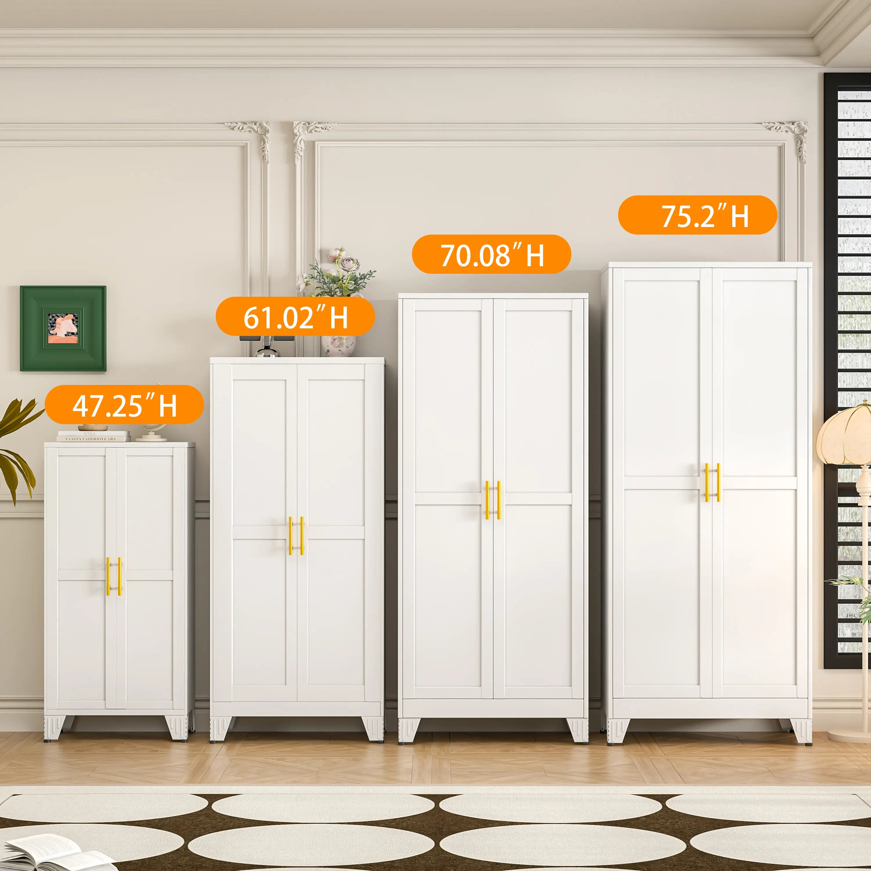 Armario despensero de metal con 2 puertas y estantes ajustables. Disponible en cuatro tamaños: 47", 61", 71" y 75". Armario de almacenamiento para cocina con tiradores dorados: solución versátil para cocina, baño, comedor o cuarto de servicio.