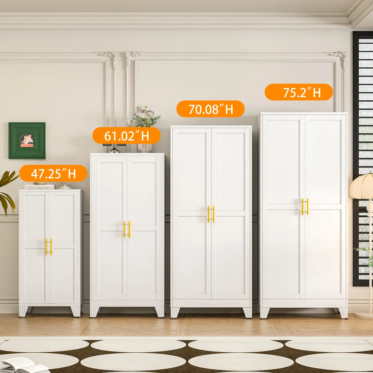 Armario despensero de metal con 2 puertas y estantes ajustables. Disponible en cuatro tamaños: 47", 61", 71" y 75". Armario de almacenamiento para cocina con tiradores dorados: solución versátil para cocina, baño, comedor o cuarto de servicio.