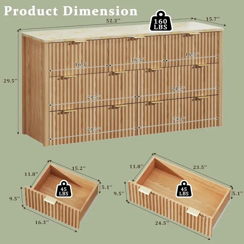 Cómoda estriada para dormitorio con 7 cajones, cómoda moderna de 53 pulgadas con superficie de imitación mármol, cómoda estilo mediados de siglo con tiradores dorados y perfil curvo, mueble de madera natural para TV (apto para dormitorio o sala de estar)