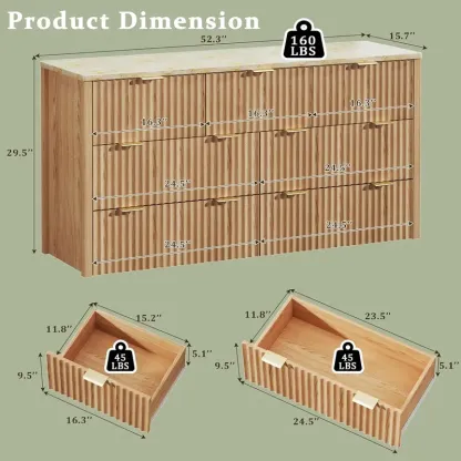 Cómoda estriada para dormitorio con 7 cajones, cómoda moderna de 53 pulgadas con superficie de imitación mármol, cómoda estilo mediados de siglo con tiradores dorados y perfil curvo, mueble de madera natural para TV (apto para dormitorio o sala de estar)
