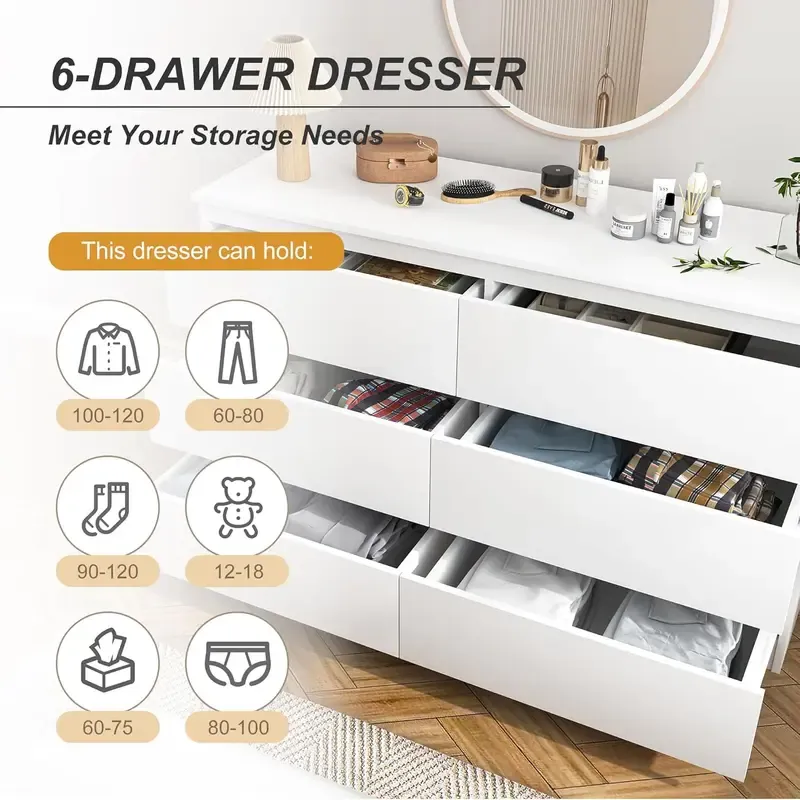Cómoda moderna Spaco de 6 cajones para dormitorio (blanca): mueble ancho de madera con cajones profundos de deslizamiento suave; mueble de almacenamiento grande para interiores, ideal para apartamentos y decoración del hogar.