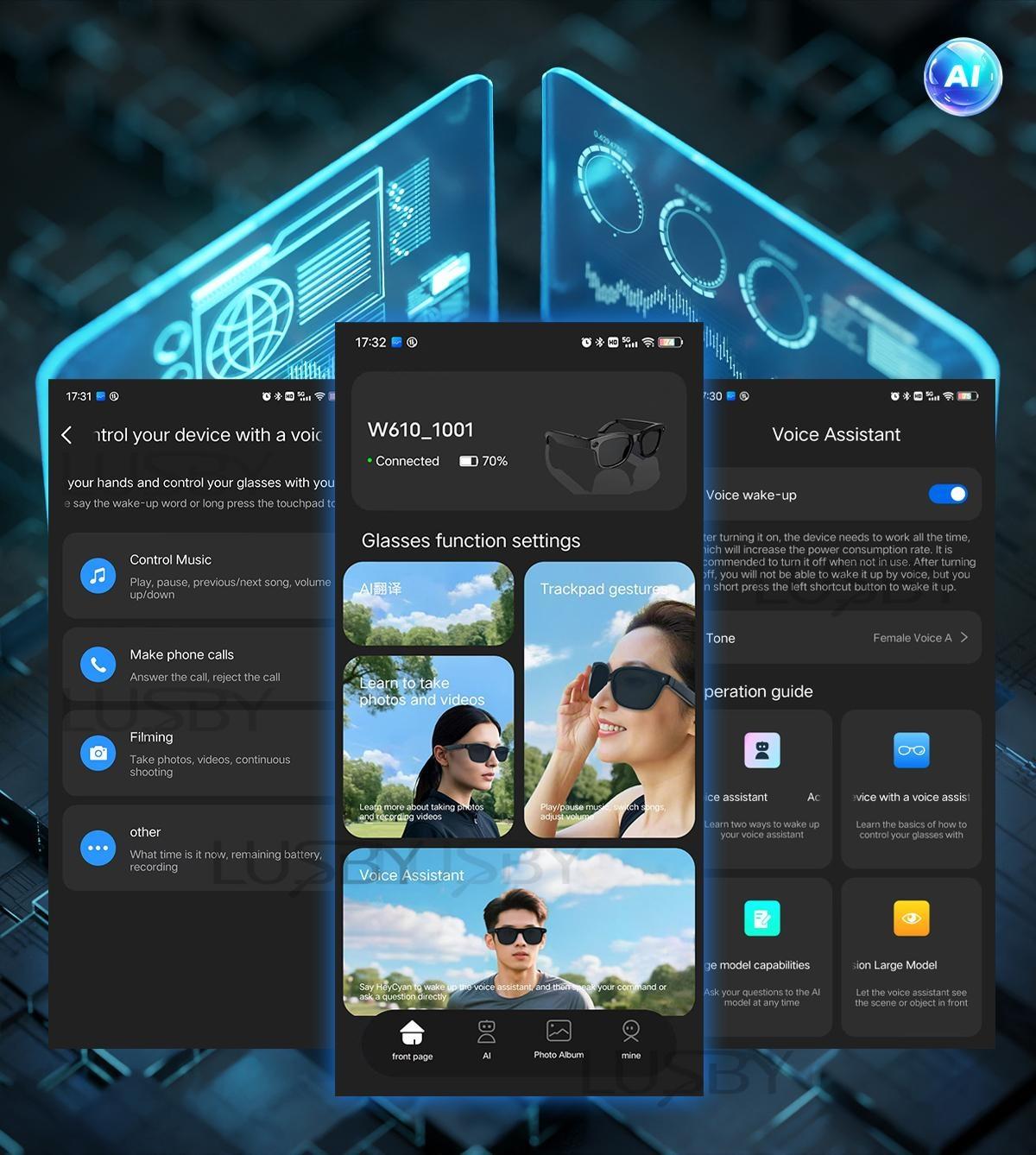 LUSBY Smart AI Camera Glasses with 8MP Photochromic Lenses ,Button Touch Adjustment for Travel Outdoor Adventures Hands-Free Photography 160+Languages Real-Time Translation Bluetooth Wireless Wearable Video Recording UV Protection ,Easter gift
