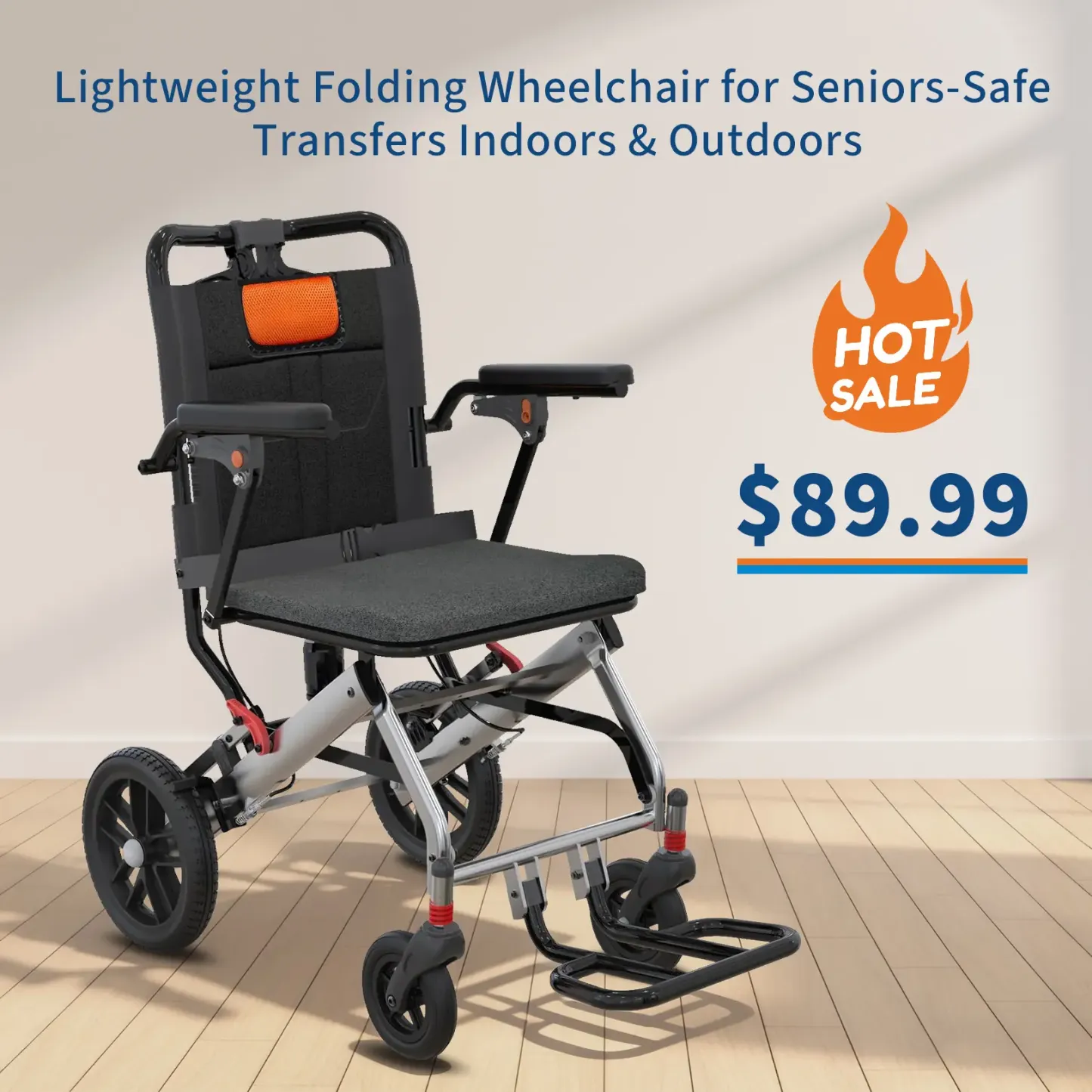 Silla de ruedas plegable y ligera para personas mayores con estructura de aluminio de grado aeronáutico, reposabrazos abatibles, frenos seguros y asiento espacioso; ideal para traslados seguros en interiores y exteriores (gris y naranja).