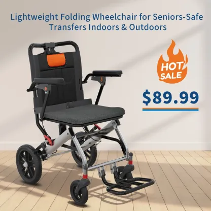 Silla de ruedas plegable y ligera para personas mayores con estructura de aluminio de grado aeronáutico, reposabrazos abatibles, frenos seguros y asiento espacioso; ideal para traslados seguros en interiores y exteriores (gris y naranja).