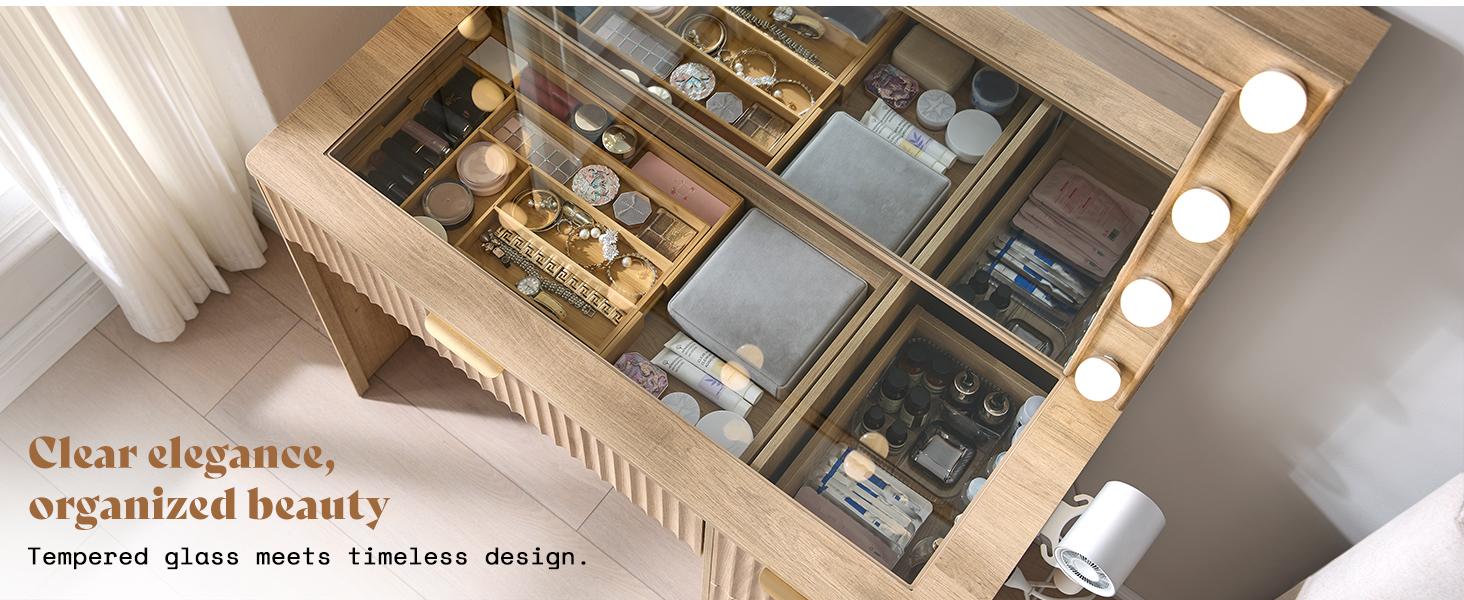 AMERLIFE 36.2/47.2" Fluted Vanity Desk with Mirror and Adjustable LED Lights, Large 4/7 Drawers Makeup Table with Glass Top and Charging Station for Women and Girls, Bedroom or Dorm/Best Gift Ideas/Christmas Gifts[tiktokshopbacktoschool][SohoChic]