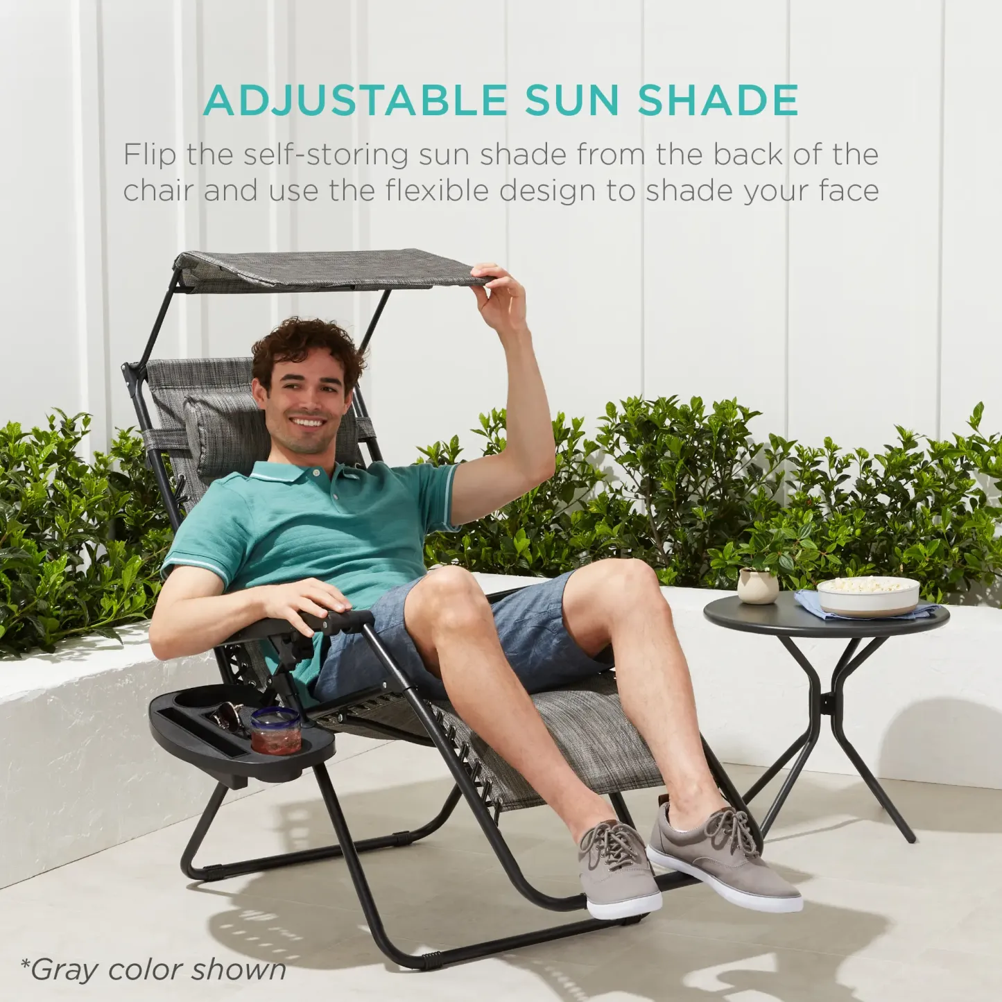 Best Choice Products — Tumbona reclinable plegable de gravedad cero para patio, con toldo, reposacabezas y bandeja