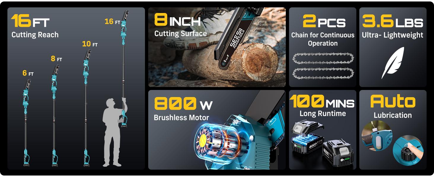 SeeSii 2 in 1 Cordless Pole Saw & Mini Chainsaw with 2 Batteries, Power Electric Polesaw for Tree Trimming, Chain Saw with Extension Pole, 16ft Reach, Limb Branch Cutter Pruner P8 Ace/P6 Ace CH800   #NewArrival