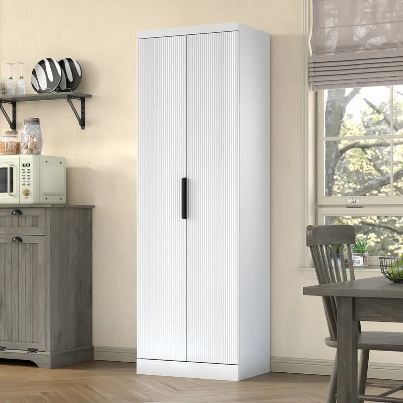 Armario despensero de cocina de 71 pulgadas de alto con estantes ajustables y puerta acanalada; mueble de 5 niveles para sala de estar, cocina, comedor o dormitorio (color roble)