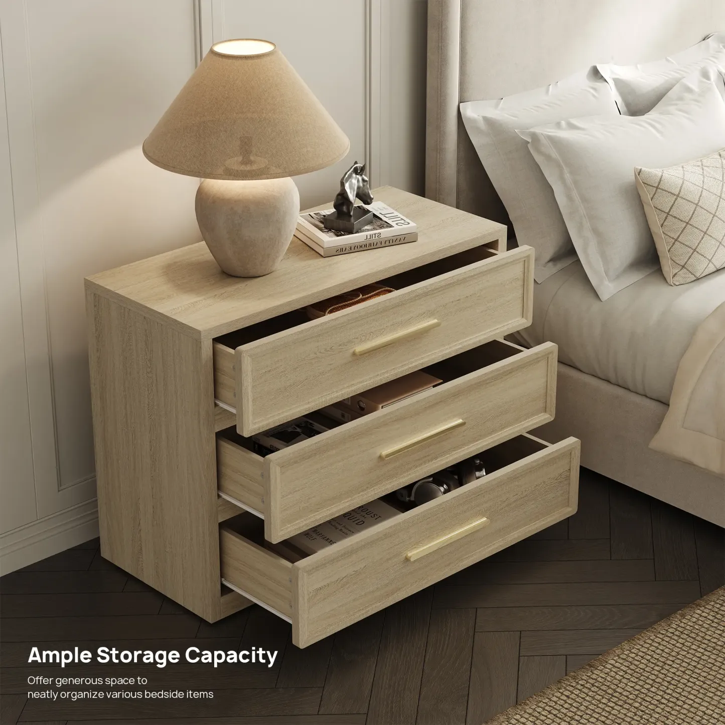 Mesita de noche alta extragrande SICOTAS con 3 cajones de almacenamiento y tiradores dorados, mesa auxiliar moderna para el hogar/dormitorio, ideal para la mesita de noche o la habitación infantil. Requiere montaje. Mueble de interior impermeable.