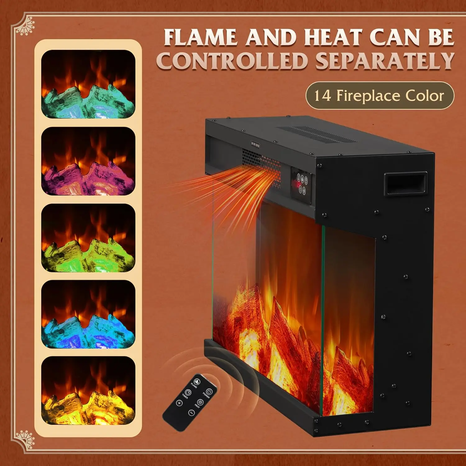 Mueble para TV WLIVE con chimenea eléctrica y vidrio en 3 lados para televisores de 65 pulgadas; centro de entretenimiento con 14 colores de llama y gabinetes de almacenamiento con iluminación LED ajustable; consola multimedia estilo rústico para sala de 