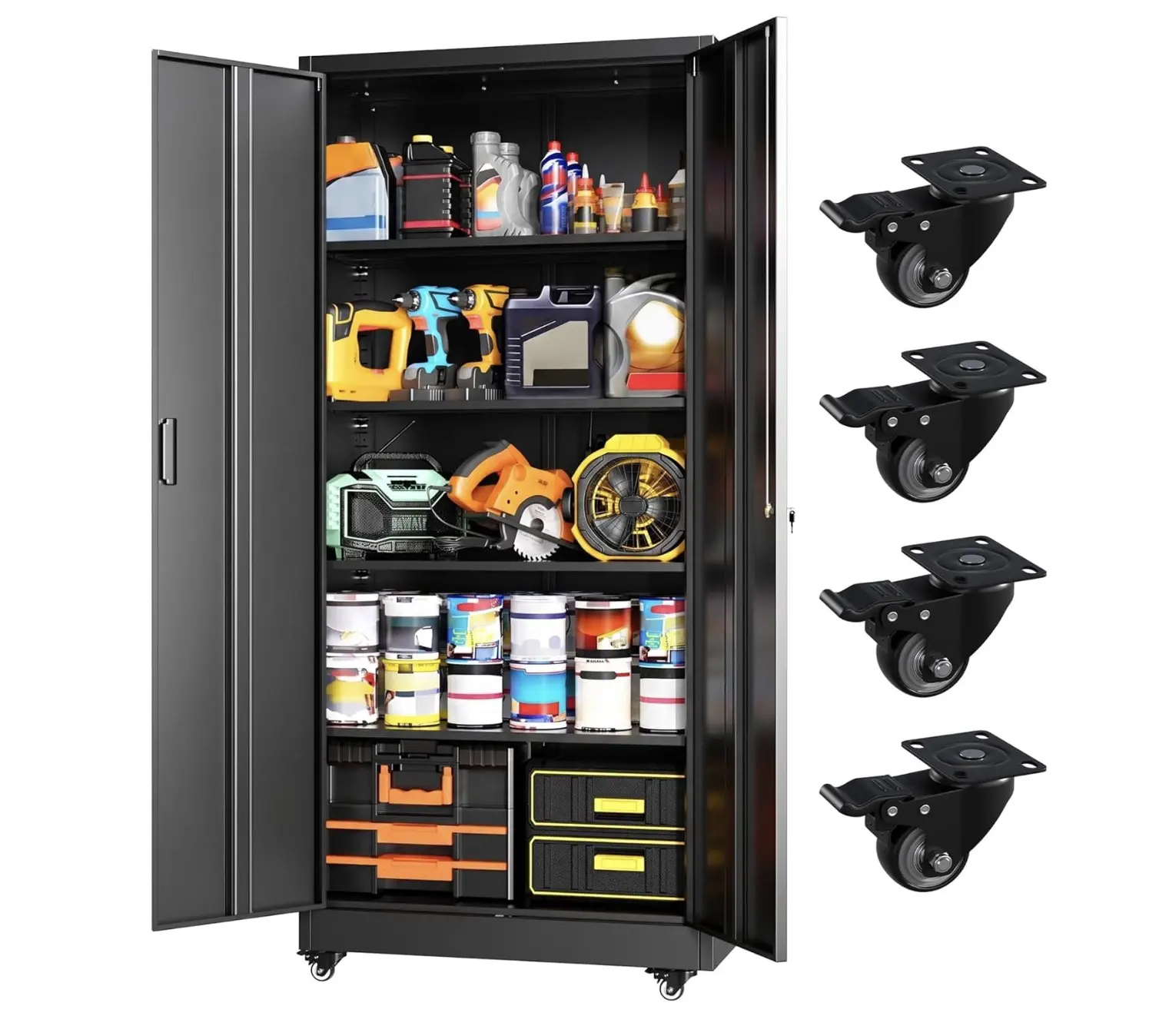 Armario de almacenamiento metálico INTERGREAT con ruedas, armario de almacenamiento para garaje de 73" con puerta y 4 estantes, armario para herramientas con ruedas para el hogar, la oficina, blanco #Summervibes