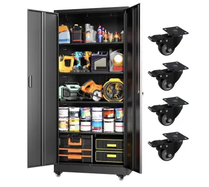 Armario de almacenamiento metálico INTERGREAT con ruedas, armario de almacenamiento para garaje de 73" con puerta y 4 estantes, armario para herramientas con ruedas para el hogar, la oficina, blanco #Summervibes