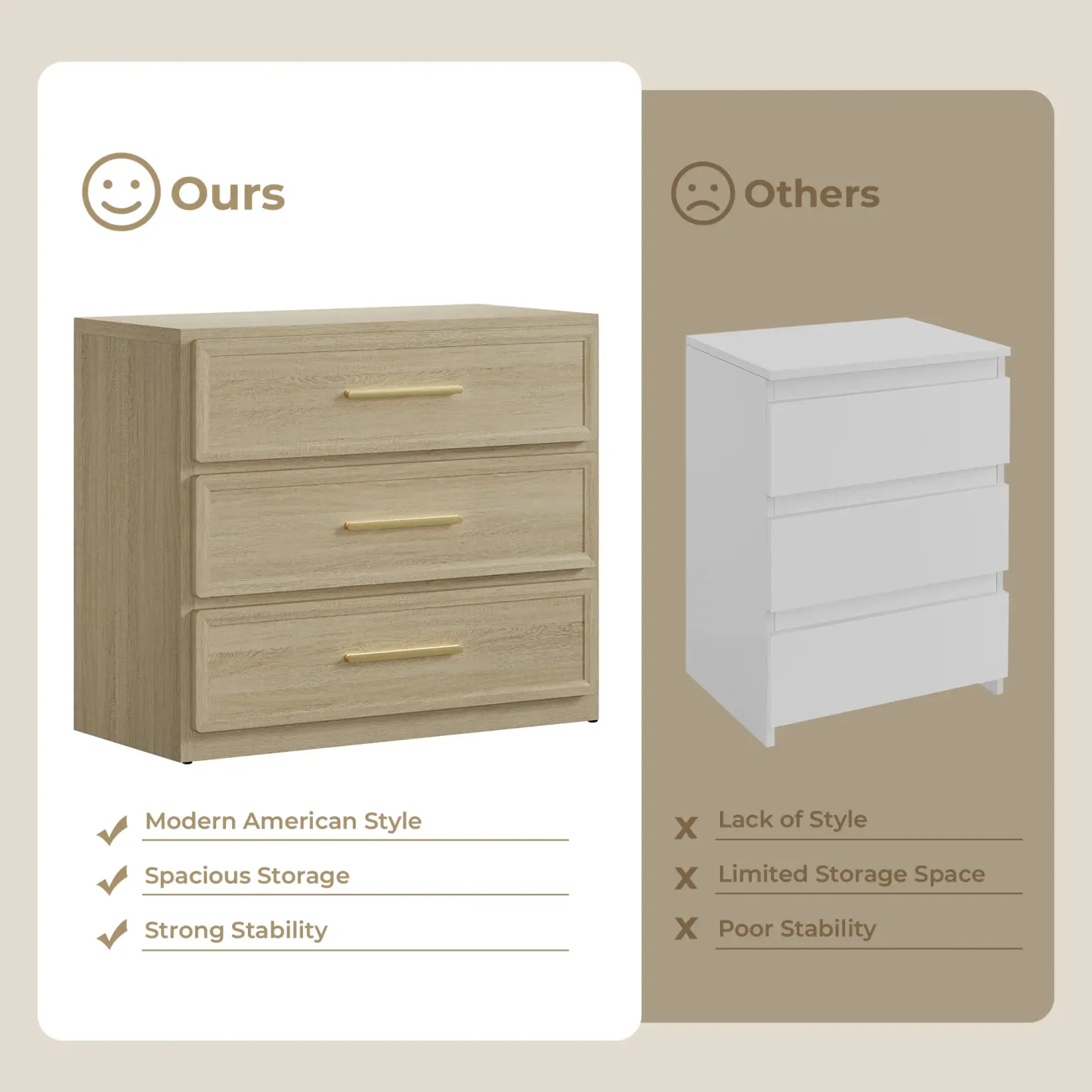 Mesita de noche alta extragrande SICOTAS con 3 cajones de almacenamiento y tiradores dorados, mesa auxiliar moderna para el hogar/dormitorio, ideal para la mesita de noche o la habitación infantil. Requiere montaje. Mueble de interior impermeable.