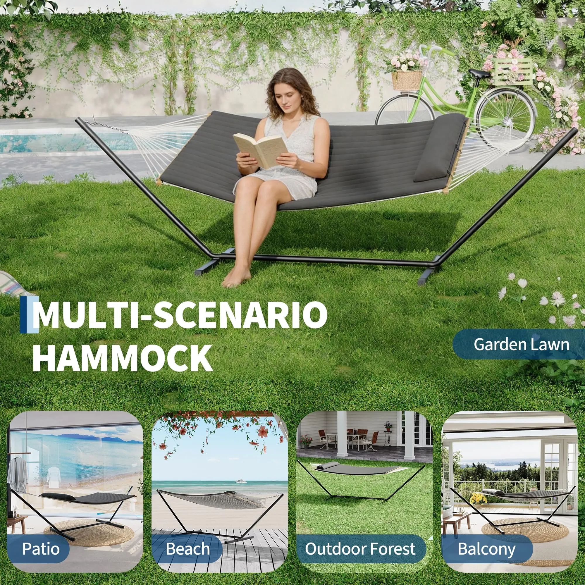 Double Hammock with Stand Included - 475lbs Heavy Duty 2 Person Hammock with Quilted Fabric Pad & Pillow - Hardwood Spreader Bar & 12FT Portable Steel Stand for Backyard, Patio, Indoor
