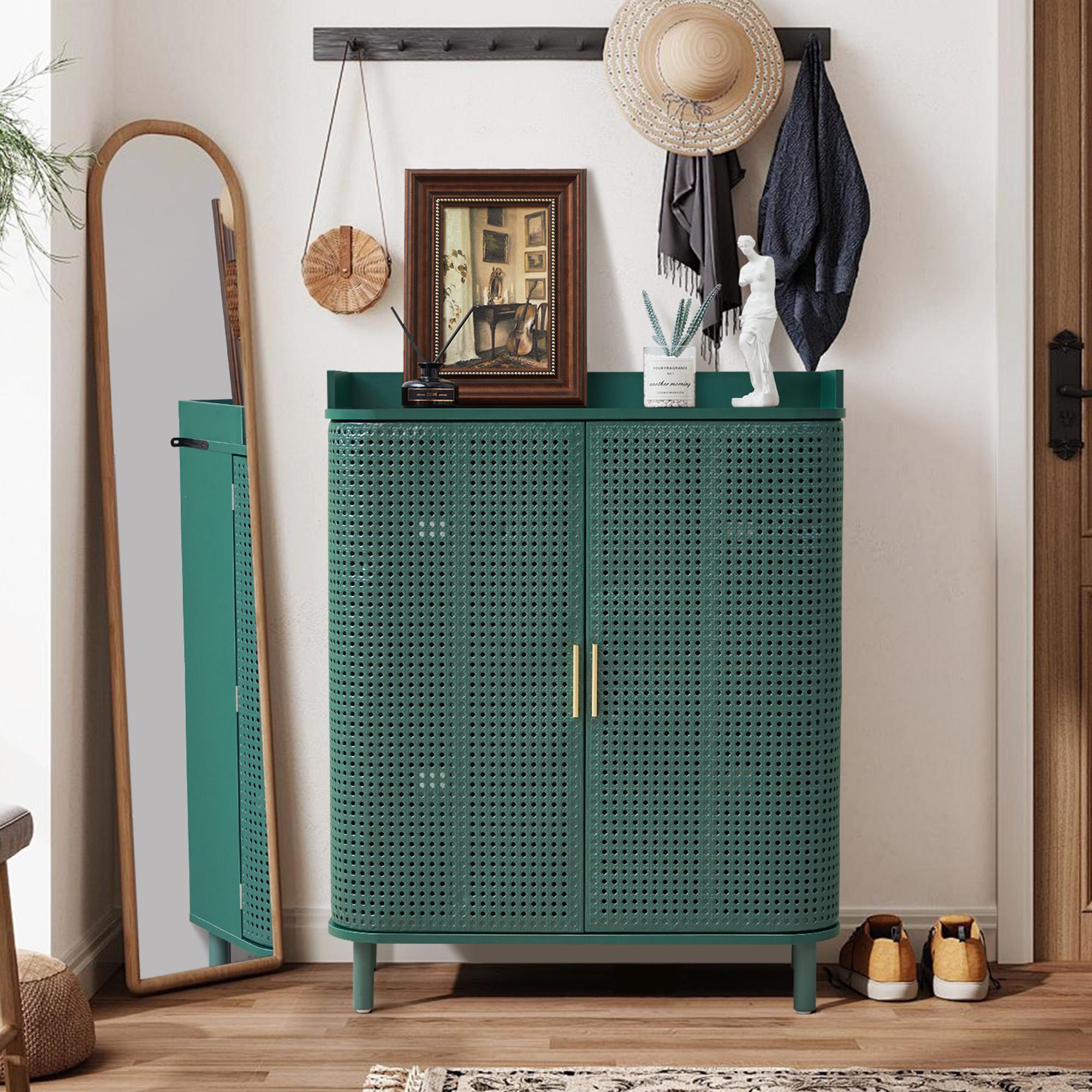 Giratree Shoe Cabinet, 5 Tier Boho Wooden Shoe Storage Organizer Cabinet with Adjustable Shelves, Shoes Rack with Iron Rattan Curved Doors Accent Cabinet for Entryway Hallway Living Room