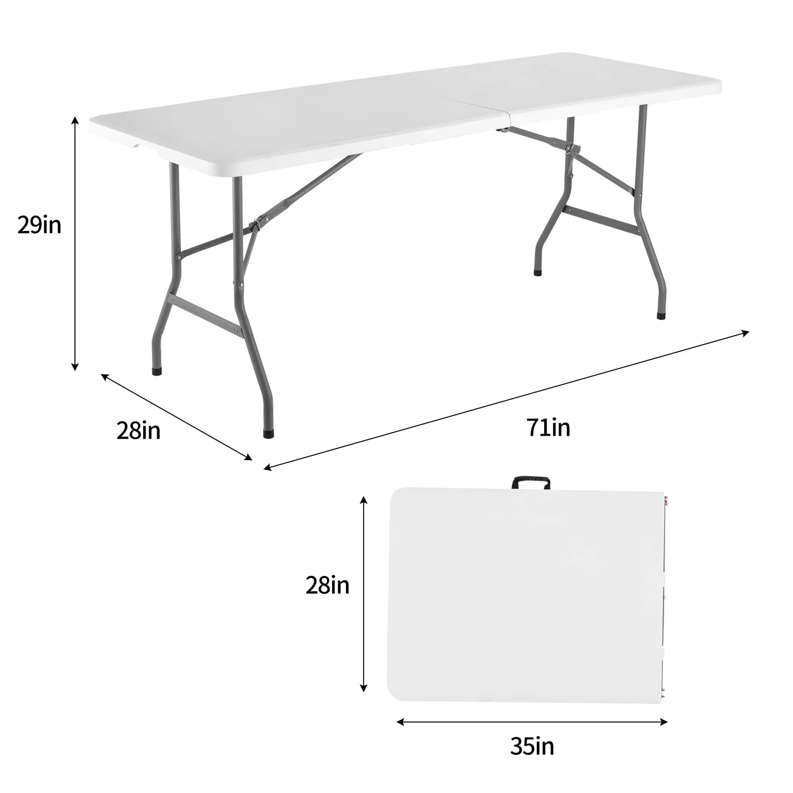 Set de mesa plegable portátil de 6 pies y mantel FWTI (ZB-6FT) — Mesa plegable ligera con asa integrada y patas de acero aleado; resistente y duradera, ideal para fiestas en el jardín y acampadas — Blanco