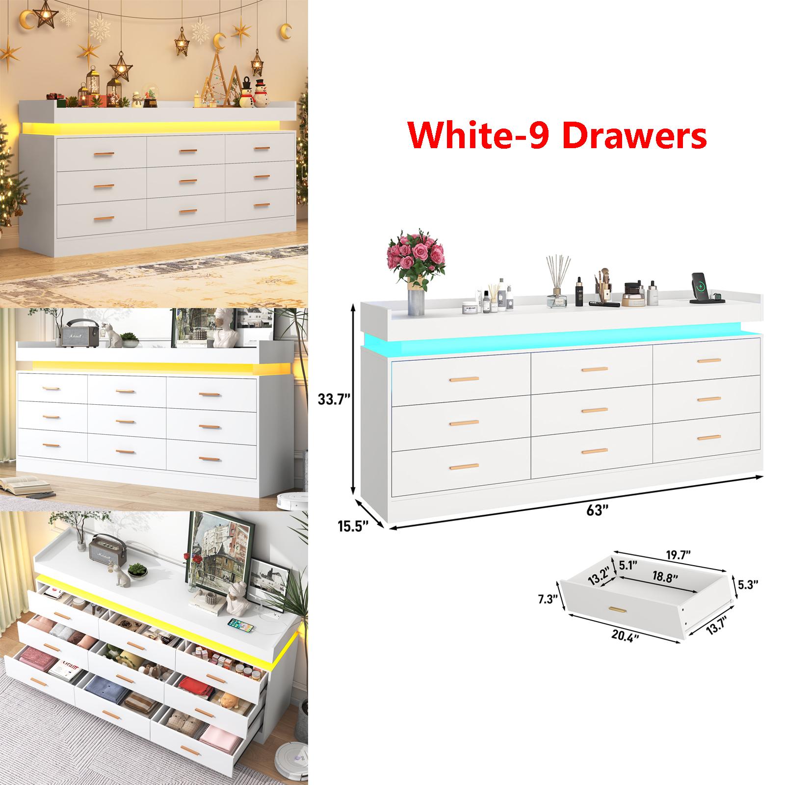 Dresser with LED Light and Charging Station, Modern Chest of Drawers for Closet, Wide Drawer Organizer Cabinet for Bedroom, Living Room, Entryway, Hallway