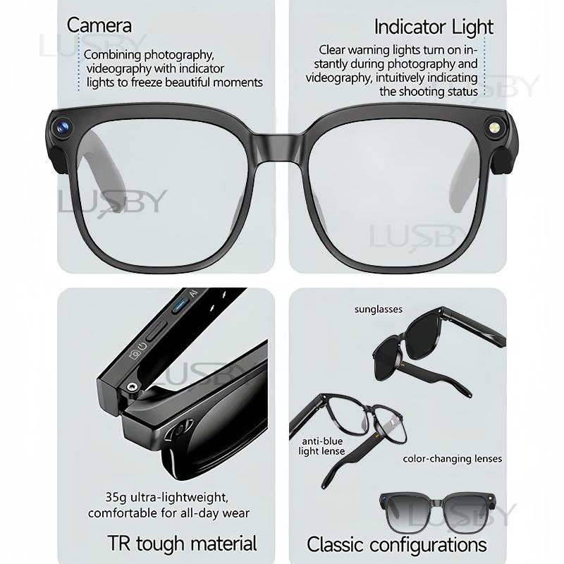 LUSBY Smart AI Camera Glasses with 8MP Photochromic Lenses ,Button Touch Adjustment for Travel Outdoor Adventures Hands-Free Photography 160+Languages Real-Time Translation Bluetooth Wireless Wearable Video Recording UV Protection ,Easter gift