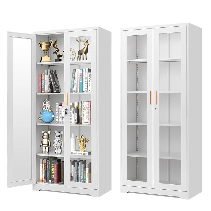 POLUP Armario independiente, resistente e impermeable de 71 pulgadas: vitrina rectangular de vidrio con puerta con cerradura, estructura metálica y puerta de cristal, 4 estantes ajustables, base plana, decoración moderna para el hogar; mueble de almacenam