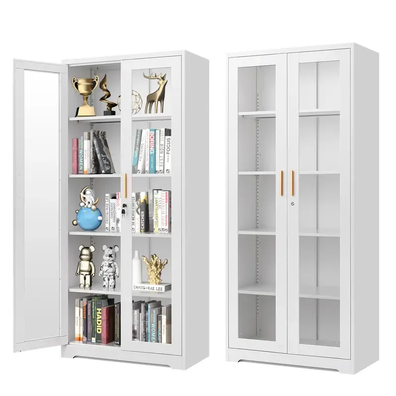 POLUP Armario independiente, resistente e impermeable de 71 pulgadas: vitrina rectangular de vidrio con puerta con cerradura, estructura metálica y puerta de cristal, 4 estantes ajustables, base plana, decoración moderna para el hogar; mueble de almacenam