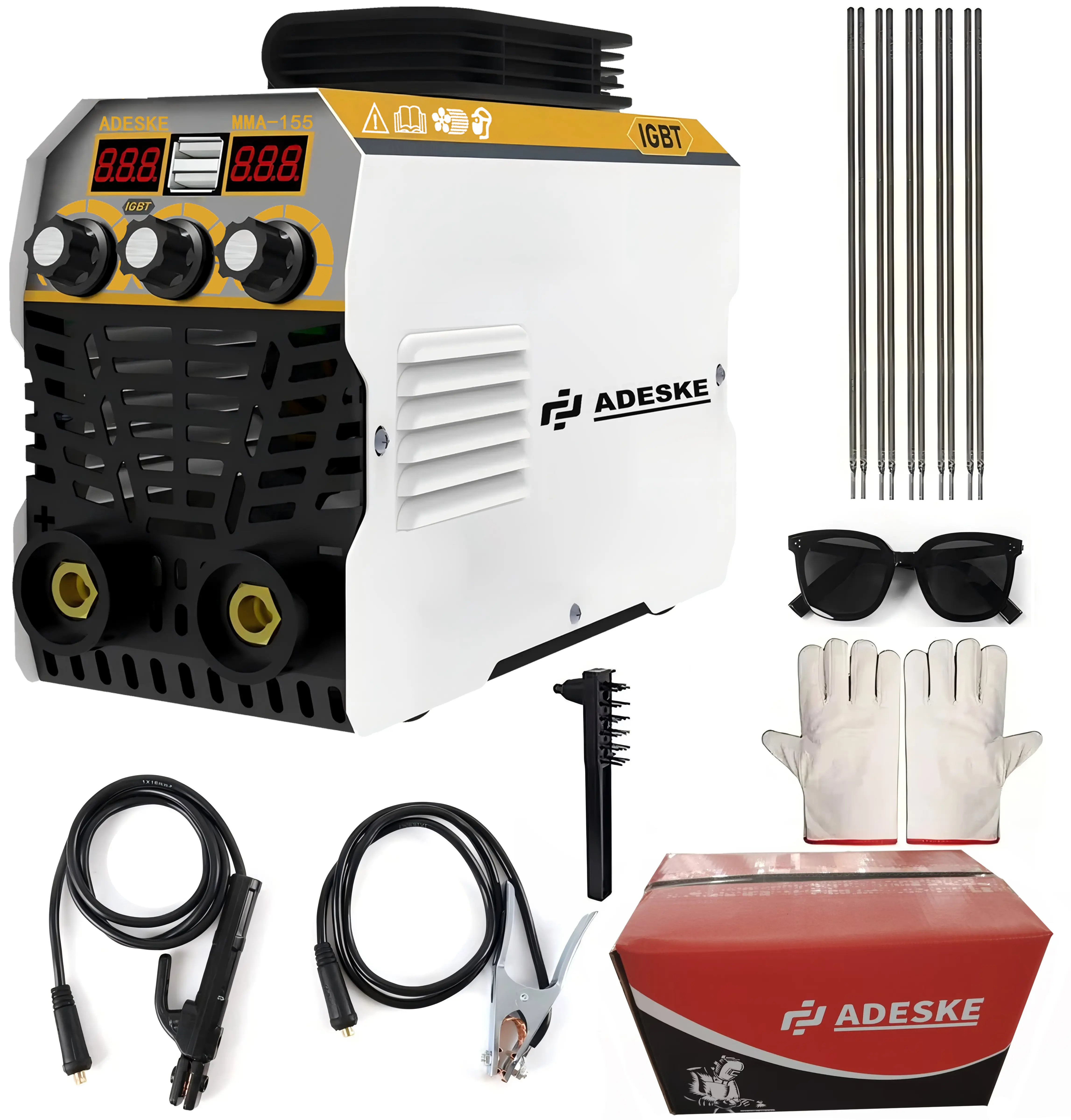 ADESKE 120A Soldadora de Electrodo MMA-155 – Máquina de Soldar Portátil, Doble Voltaje 110V/220V, Soldadora de Arco con Pantalla Digital y Kit de Soldadura