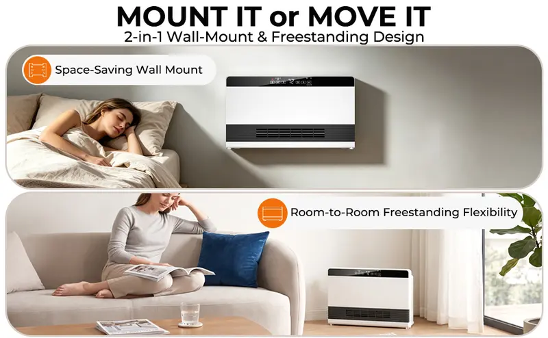 R.W.FLAME 2-in-1 Wall-Mounted Heater with 1300W Power, Adjustable Heat, Thermostatic Control, Plug-in Powered