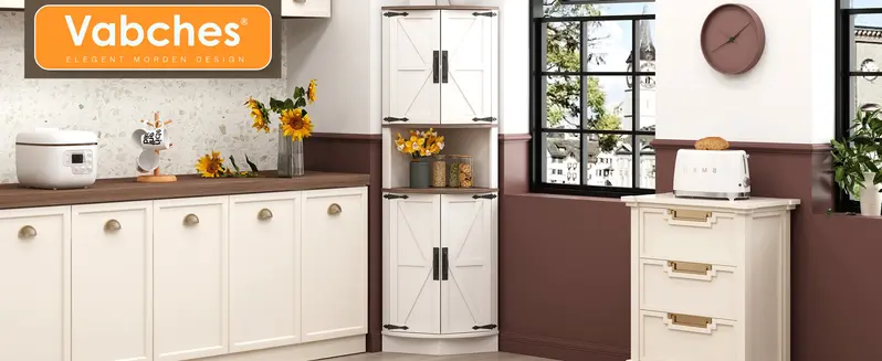 Vabches 64.8" Height Farmhouse Wood Corner Cabinet - 4 Doors, 5 Storage Shelves, Barn Door, 90&deg; Right-Angle Design, Anti-tip Wall Mount, 22"(w)x15.6"(d)x64.8"(h), Space Saving Furniture for Living Room, Kitchen