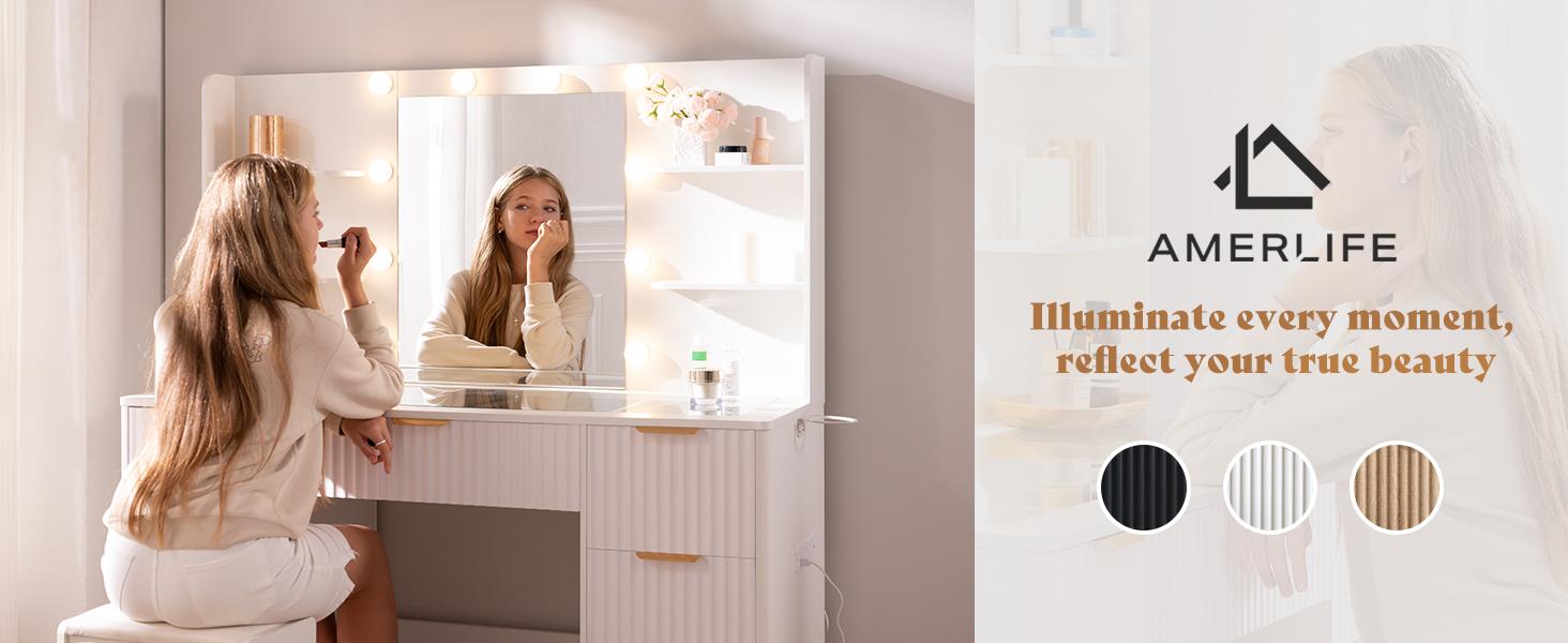 AMERLIFE 36.2/47.2" Fluted Vanity Desk with Mirror and Adjustable LED Lights, Large 4/7 Drawers Makeup Table with Glass Top and Charging Station for Women and Girls, Bedroom or Dorm/Best Gift Ideas/Christmas Gifts[tiktokshopbacktoschool][SohoChic]