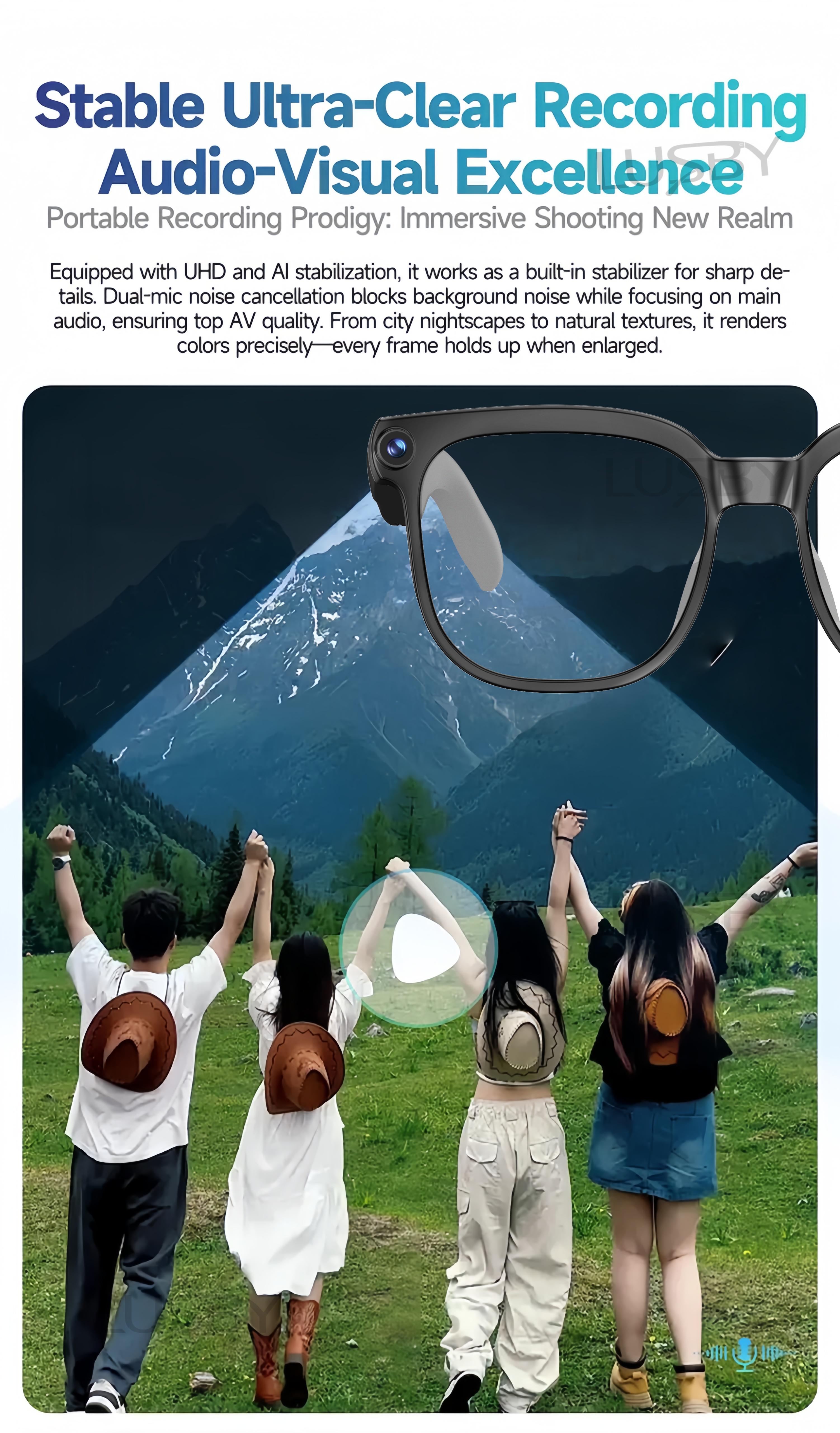 LUSBY Smart AI Camera Glasses with 8MP Photochromic Lenses ,Button Touch Adjustment for Travel Outdoor Adventures Hands-Free Photography 160+Languages Real-Time Translation Bluetooth Wireless Wearable Video Recording UV Protection ,Easter gift