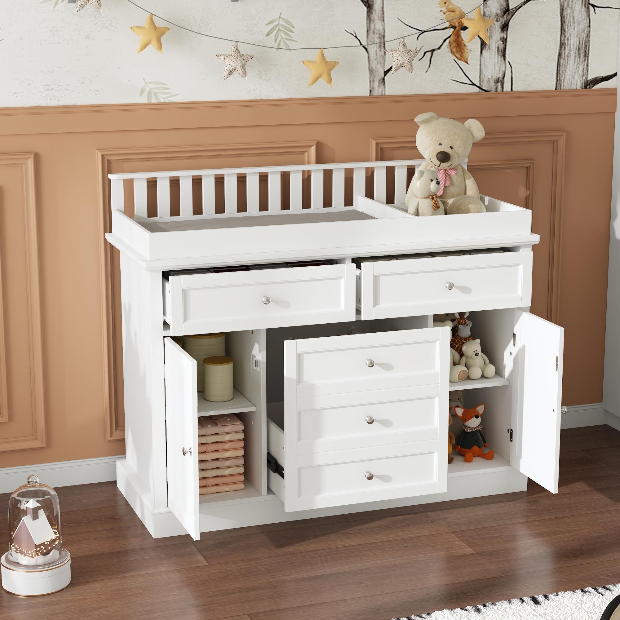 Deborah Changing Table Dresser Antique White with Exposed Shelves,5 Exposed Drawers & Space for Changing Pad, High-Quality Engineered Wood
