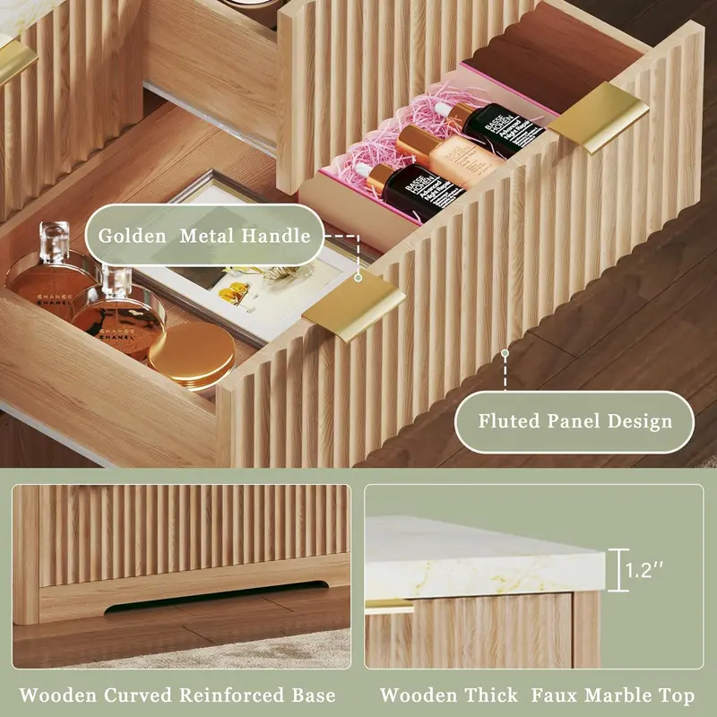 Cómoda estriada para dormitorio con 7 cajones, cómoda moderna de 53 pulgadas con superficie de imitación mármol, cómoda estilo mediados de siglo con tiradores dorados y perfil curvo, mueble de madera natural para TV (apto para dormitorio o sala de estar)