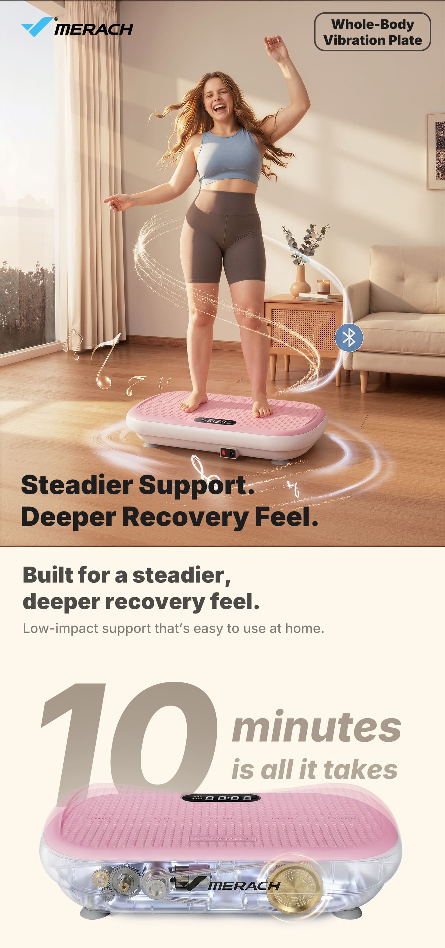 Merach High-Power Vibration Plate Exercise Machine,440lbs Weight Capacity, Bluetooth Remote Control, 4 Workout Modes for Home Gym Fitness Equipment Summervibes