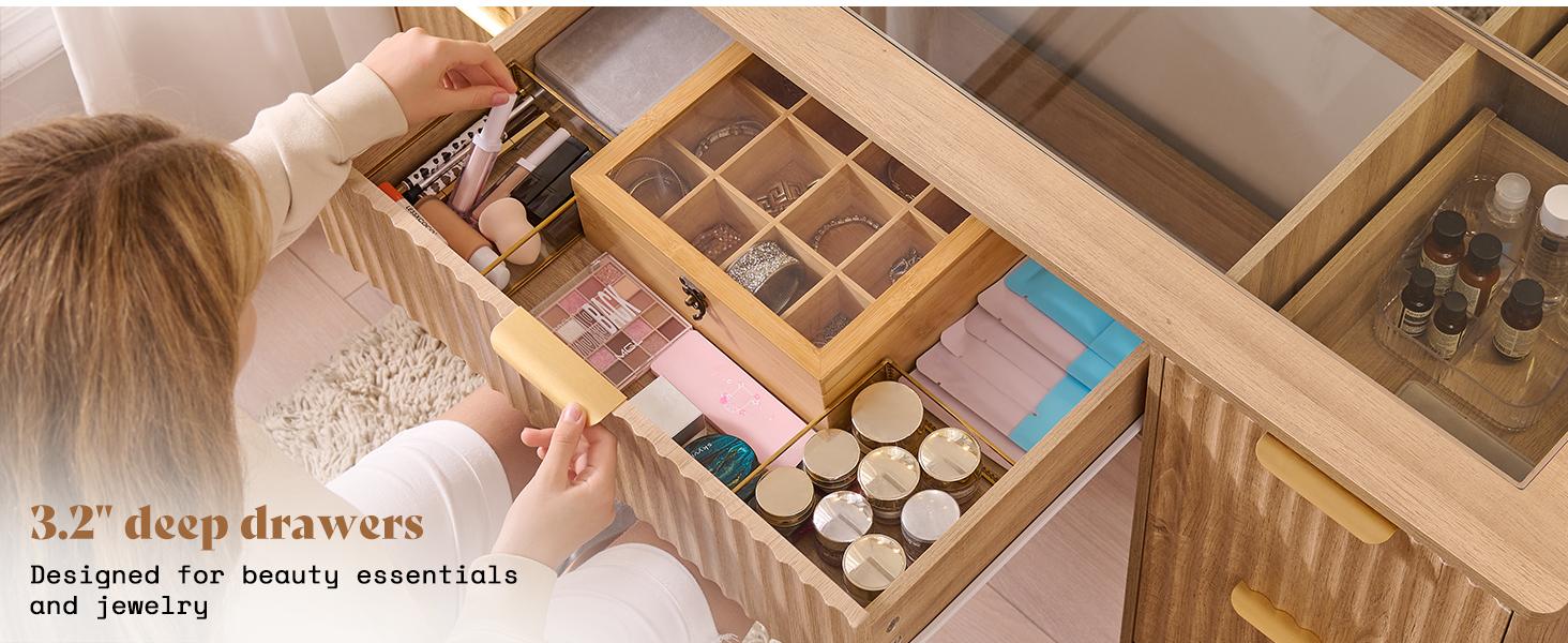 AMERLIFE 36.2/47.2" Fluted Vanity Desk with Mirror and Adjustable LED Lights, Large 4/7 Drawers Makeup Table with Glass Top and Charging Station for Women and Girls, Bedroom or Dorm/Best Gift Ideas/Christmas Gifts[tiktokshopbacktoschool][SohoChic]