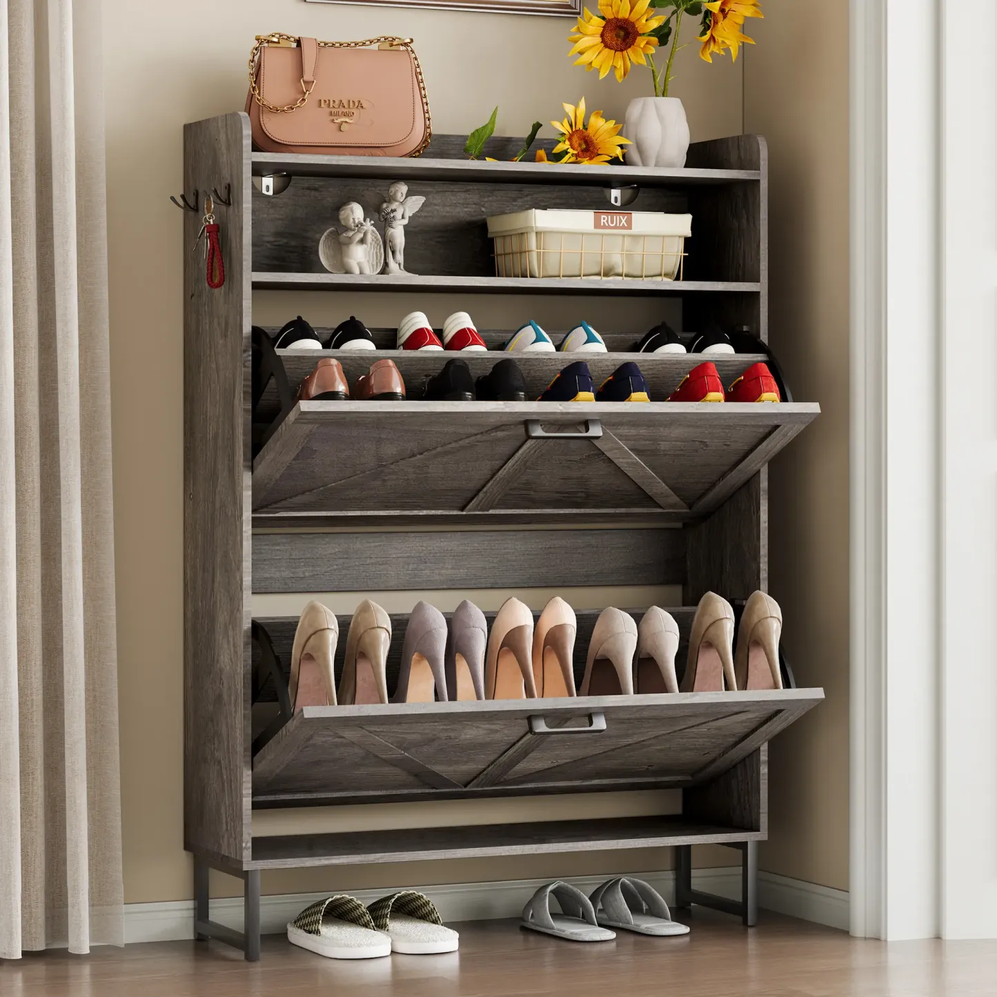 Zapatero abatible independiente de doble cajón | Armario de almacenamiento de madera de diseño estilizado con estantes ocultos | Zapatero para pasillo, sala de estar y dormitorio