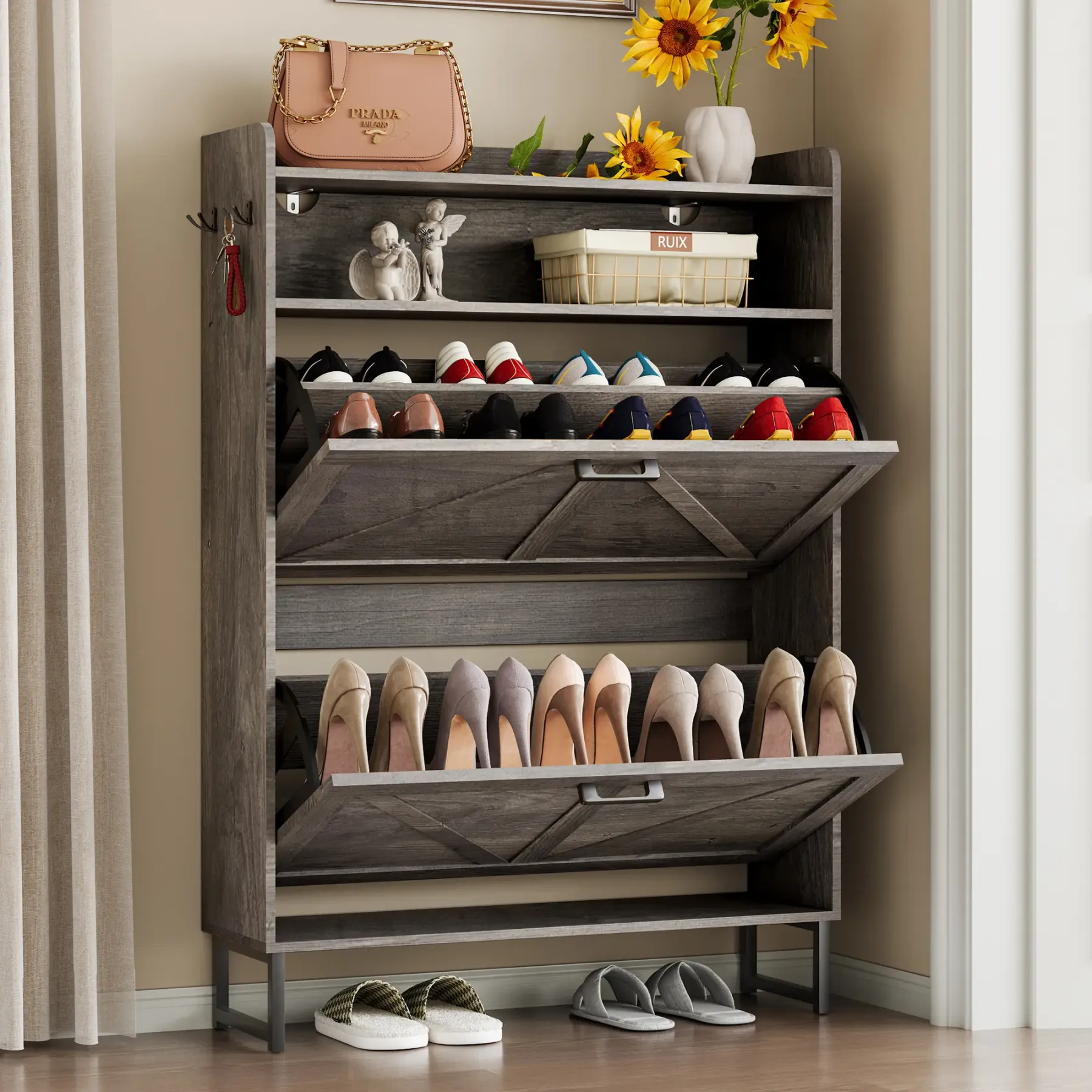 Zapatero abatible independiente de doble cajón | Armario de almacenamiento de madera de diseño estilizado con estantes ocultos | Zapatero para pasillo, sala de estar y dormitorio