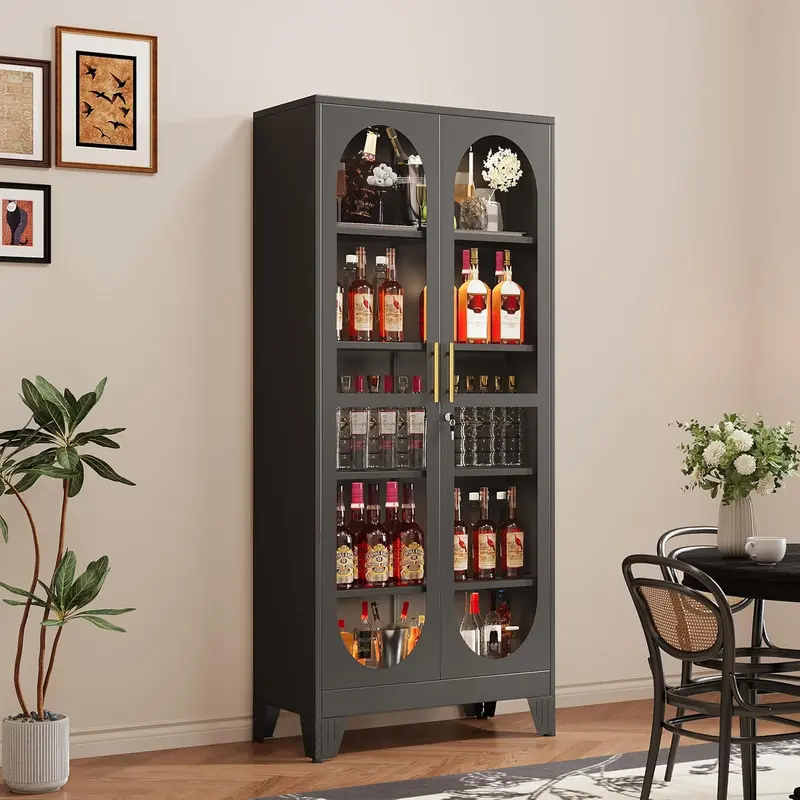 GEITIN Sturdy 70.87" Tall Metal Curio Cabinet - Lock-secure Glass Door, 5-Tier Room Furniture with 4 Adjustable Shelves, Home Bar & Tool Storage for Crockery, Collectibles, Files