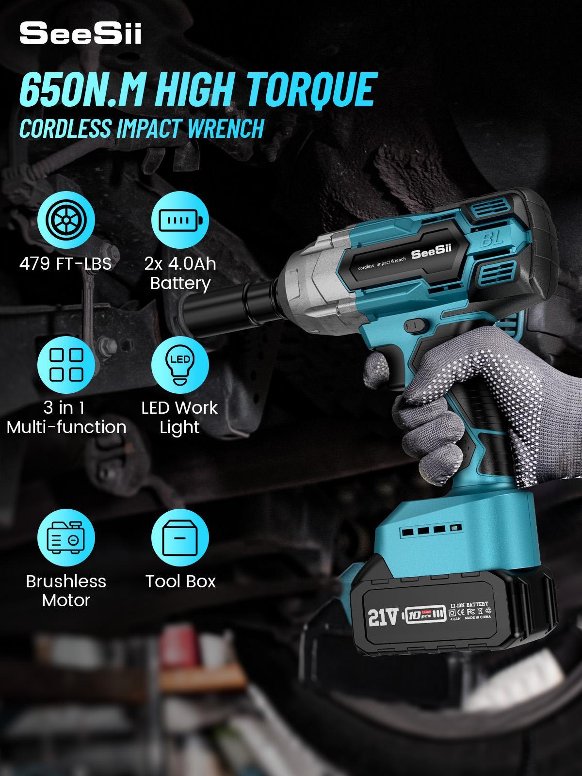 Seesii 3 in 1 Cordless Impact Wrench 1/2'',3300RPM,Brushless Impact Driver w/ 2x 4.0Ah Batteries,6 Sockets,Drills,6 Screws,Power Tool Heavy Duty