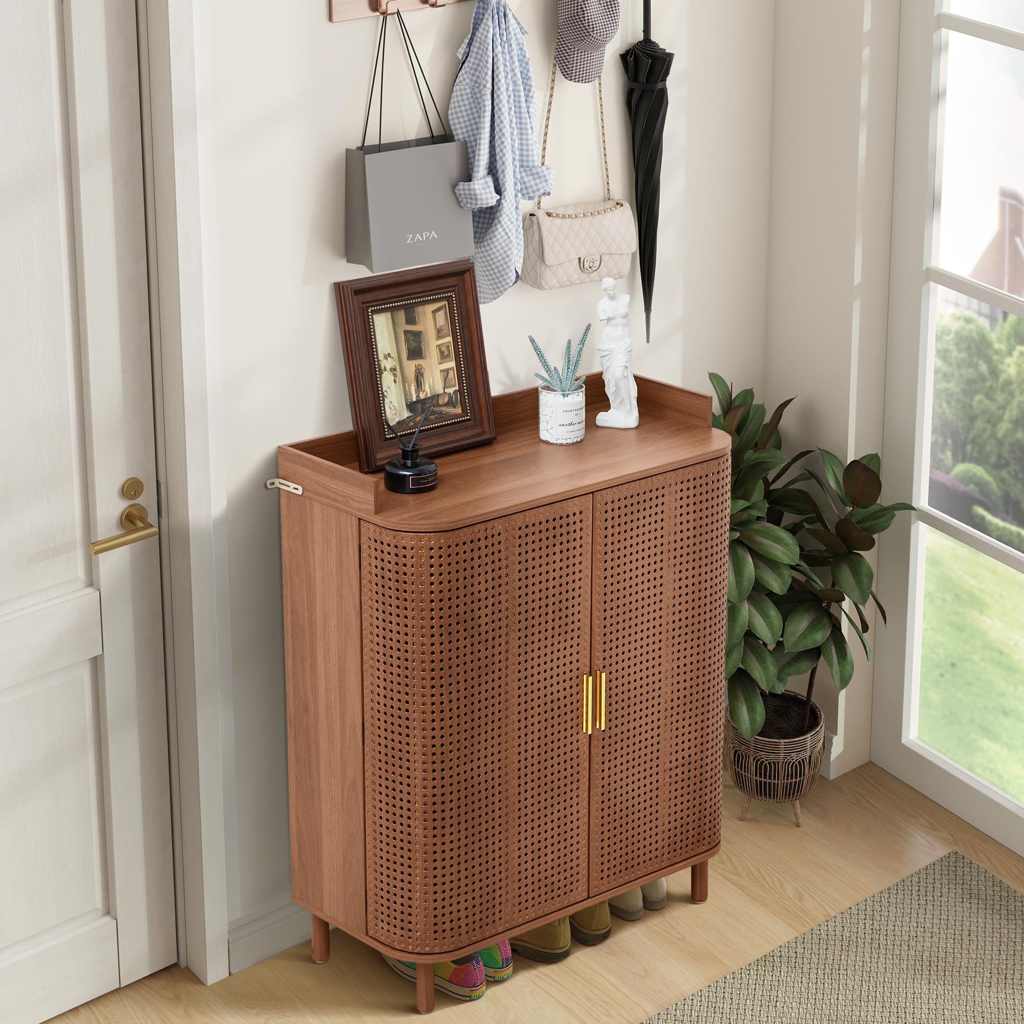 Giratree Shoe Cabinet, 5 Tier Boho Wooden Shoe Storage Organizer Cabinet with Adjustable Shelves, Shoes Rack with Iron Rattan Curved Doors Accent Cabinet for Entryway Hallway Living Room