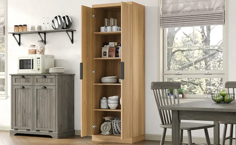 FUSOU 71'' Tall Storage Kitchen Pantry Cabinet with Adjustable Shelves&Fluted Door, 5-Tier Cabinet for Living Room Kitchen Dinning Room Bedroom, Oak
