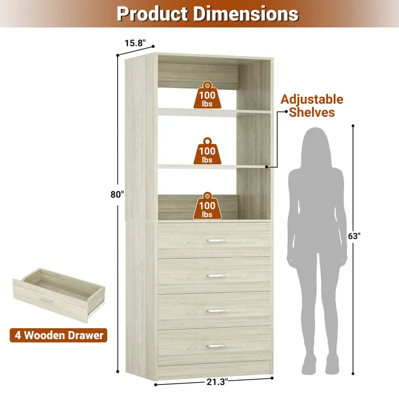 Sistema de vestidor moderno de 21,3 pulgadas: 4 cajones de madera, estantes de almacenamiento ajustables, armario estrecho y resistente con sistema antivuelco, organización personalizable para espacios pequeños, organizador de almacenamiento para dormitor