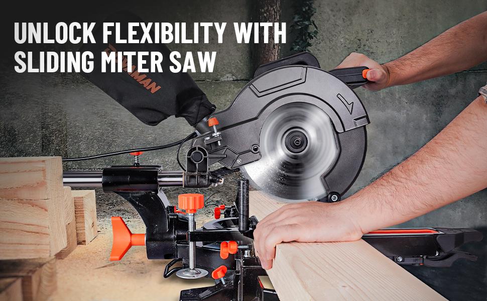 DOVAMAN 10in 15A Single Bevel Sliding Miter Saw, w/3 Blades, 4500/3200RPM, Max Cut 3.5x13.4in, 9 Positive Stops for Wood, PVC or Soft Metal DOVAMAN 10in 15A Single Bevel Sliding Miter Saw, w/3 Blades, 4500/3200RPM, Max Cut 3.5x13.4in, 9 Positive Stops for Wood, PVC or Soft Metal