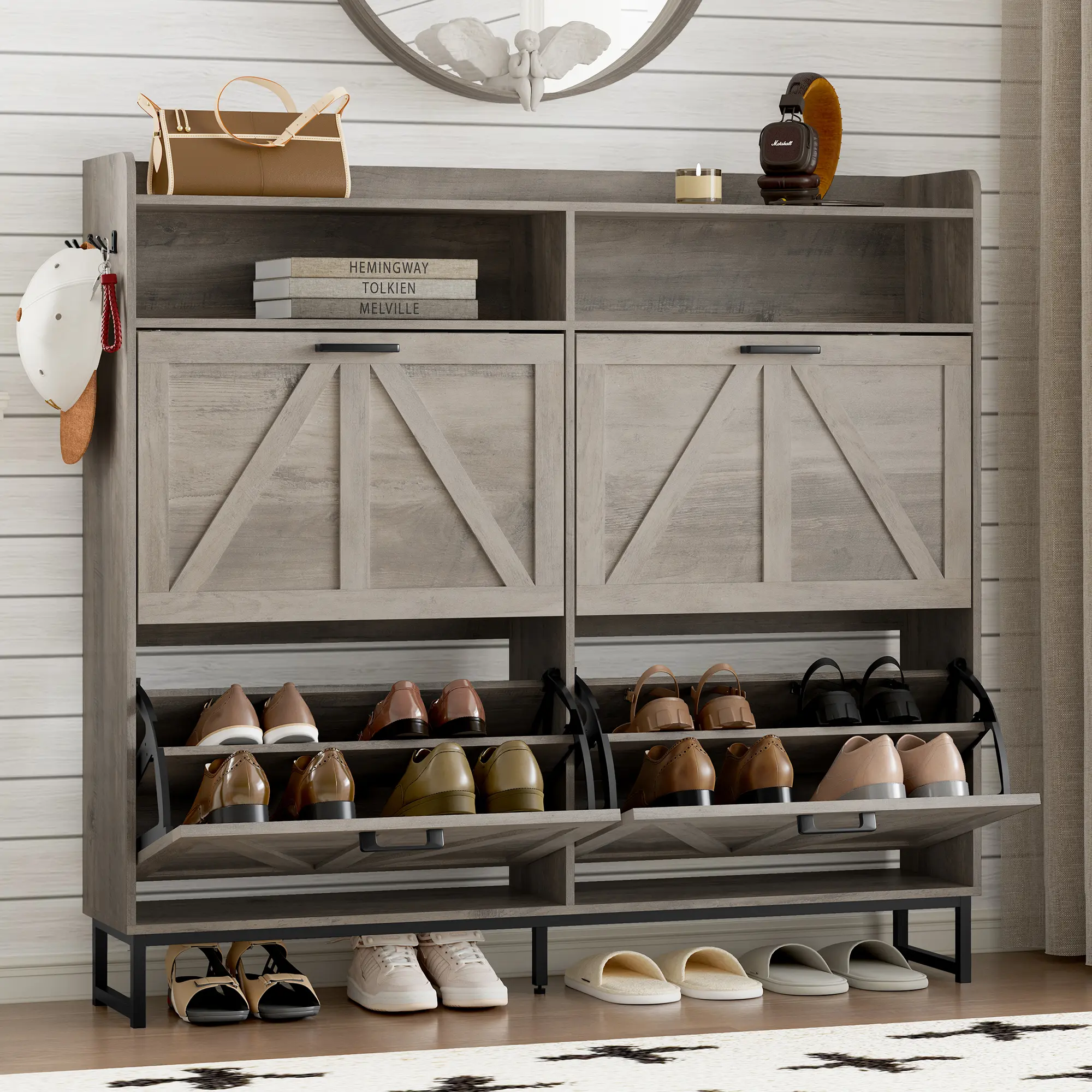 Zapatero abatible independiente de doble cajón | Armario de almacenamiento de madera de diseño estilizado con estantes ocultos | Zapatero para pasillo, sala de estar y dormitorio