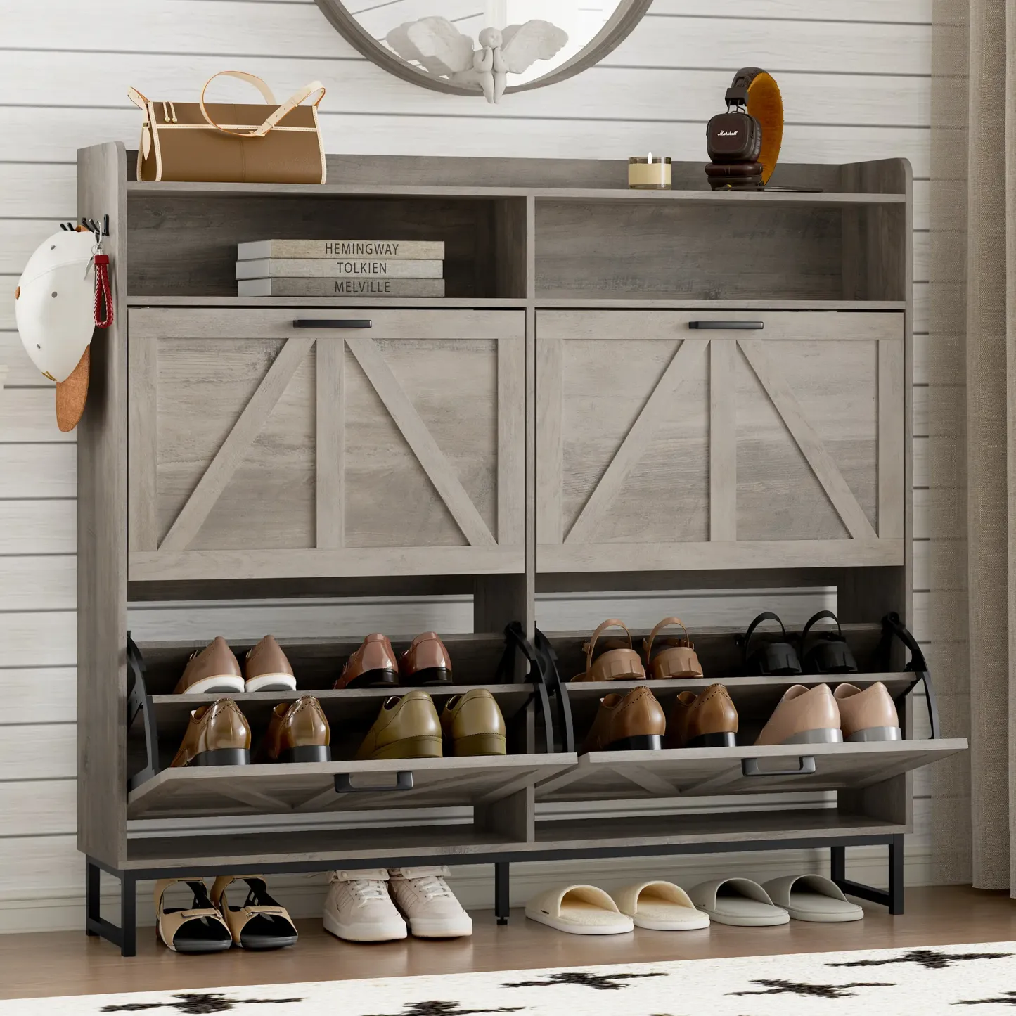 Zapatero abatible independiente de doble cajón | Armario de almacenamiento de madera de diseño estilizado con estantes ocultos | Zapatero para pasillo, sala de estar y dormitorio