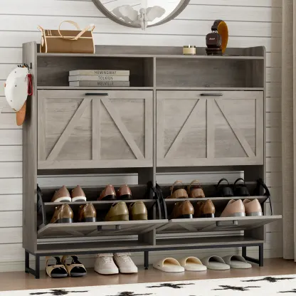 Zapatero abatible independiente de doble cajón | Armario de almacenamiento de madera de diseño estilizado con estantes ocultos | Zapatero para pasillo, sala de estar y dormitorio